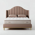 Upholstered queen size bed frame with padded headboard and metal legs