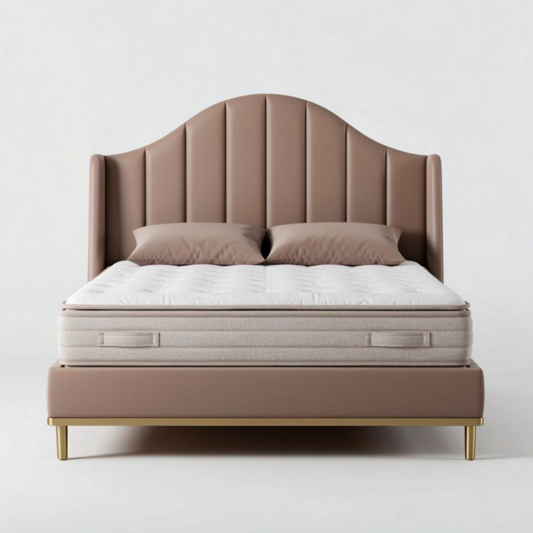 Upholstered queen size bed frame with padded headboard and metal legs