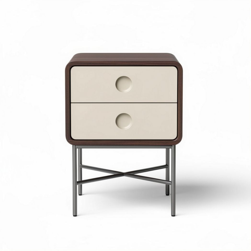 Two-drawer nightstand with metal legs in walnut and cream finish 45 x 40 x 55cm
