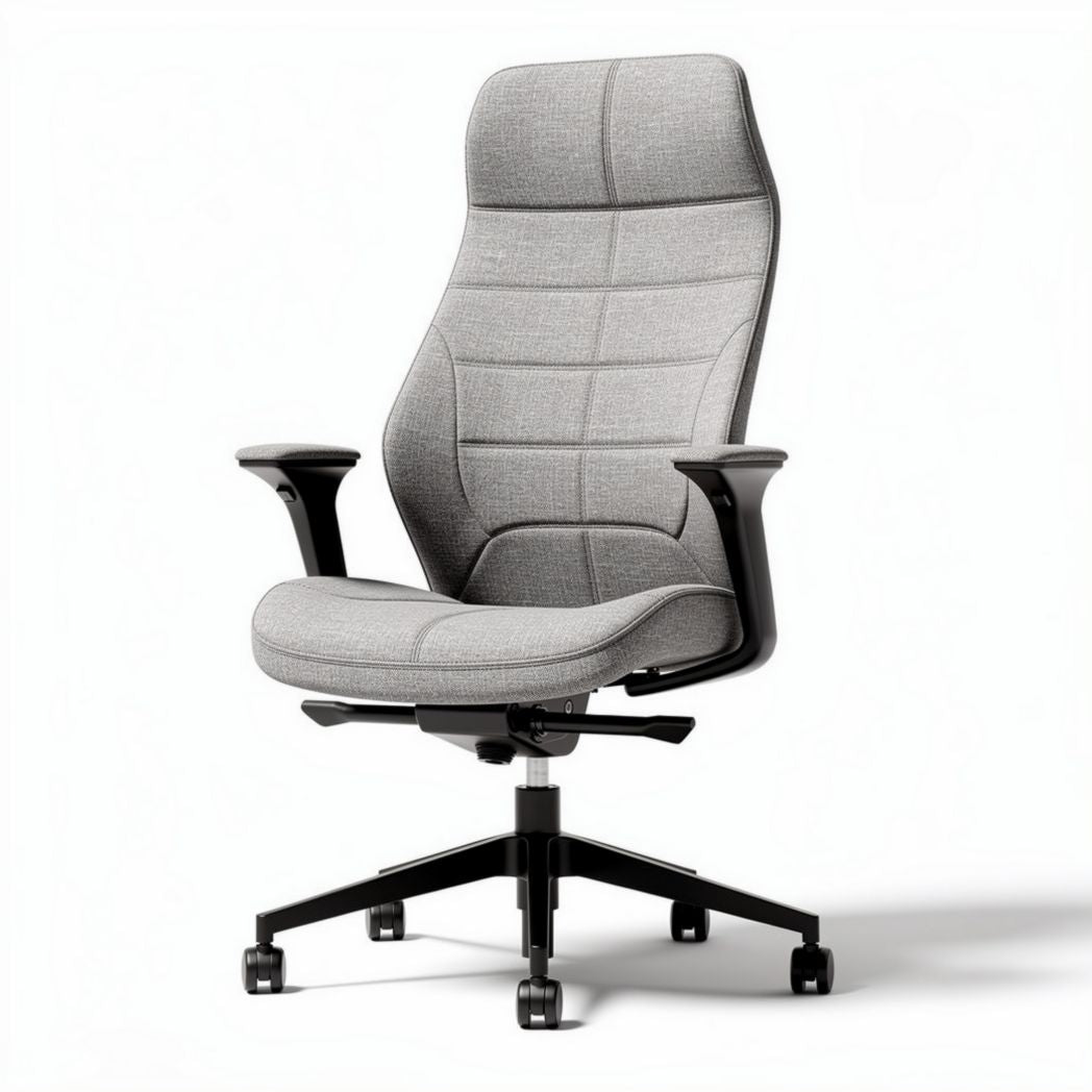 Ergonomic office chair in light grey fabric with adjustable height and rolling base