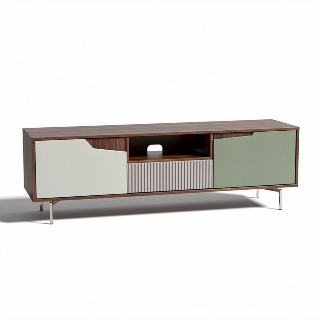 Modern wooden media console with two-tone finish and storage doors 60 x 16 x 20 inches