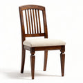 Wooden dining chair with beige fabric seat and vertical slat back design 45 x 50 x 90cm