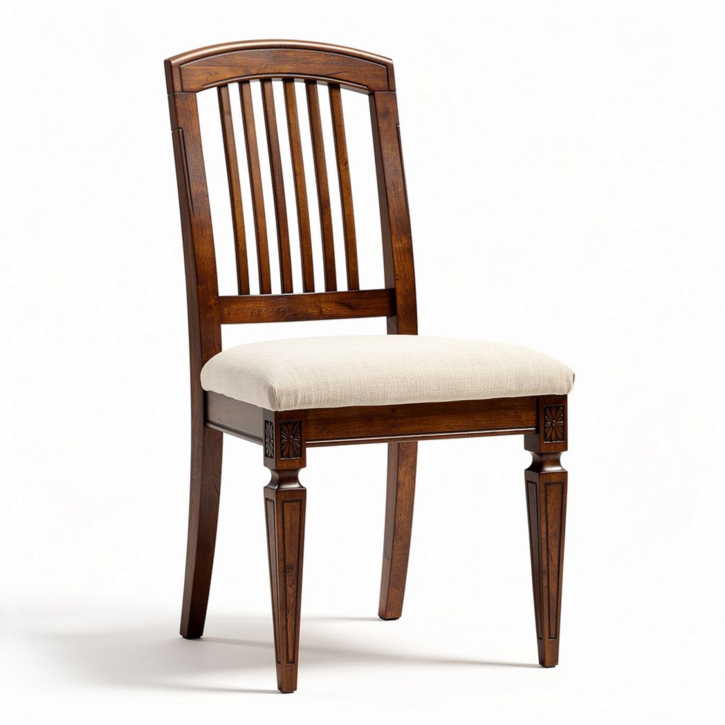 Wooden dining chair with beige fabric seat and vertical slat back design 45 x 50 x 90cm
