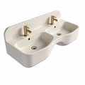 Double basin wall-mounted sink in beige stone finish with gold faucets 90 x 50 x 15cm
