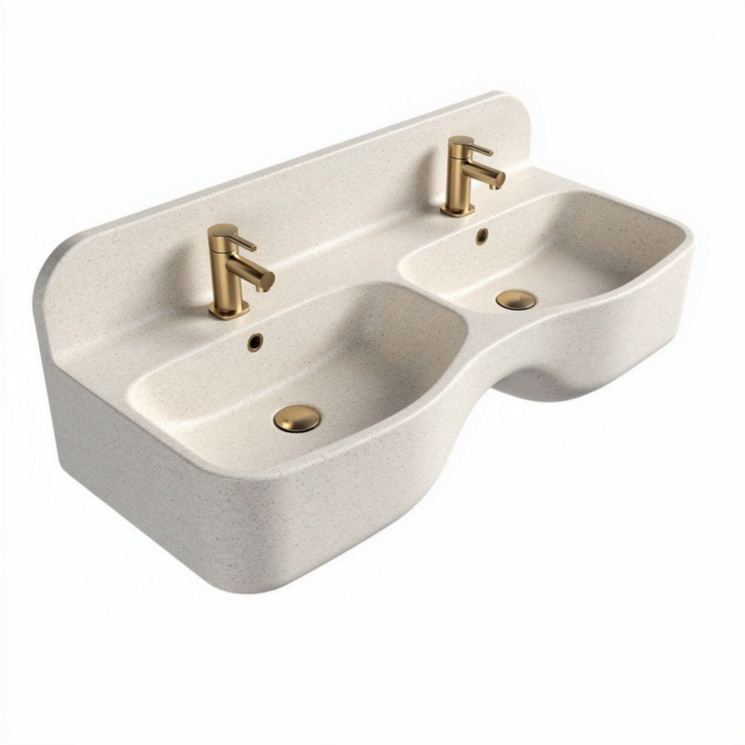 Double basin wall-mounted sink in beige stone finish with gold faucets 90 x 50 x 15cm