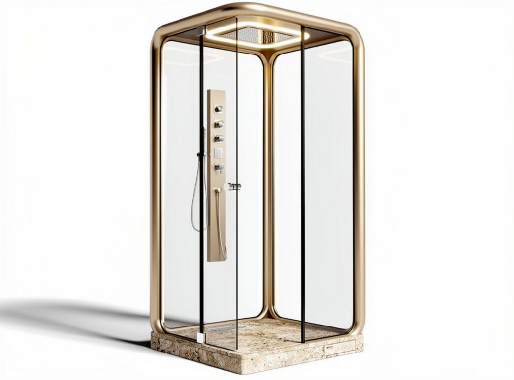 Curved glass shower enclosure with gold finish and integrated controls 90 x 90 x 200cm