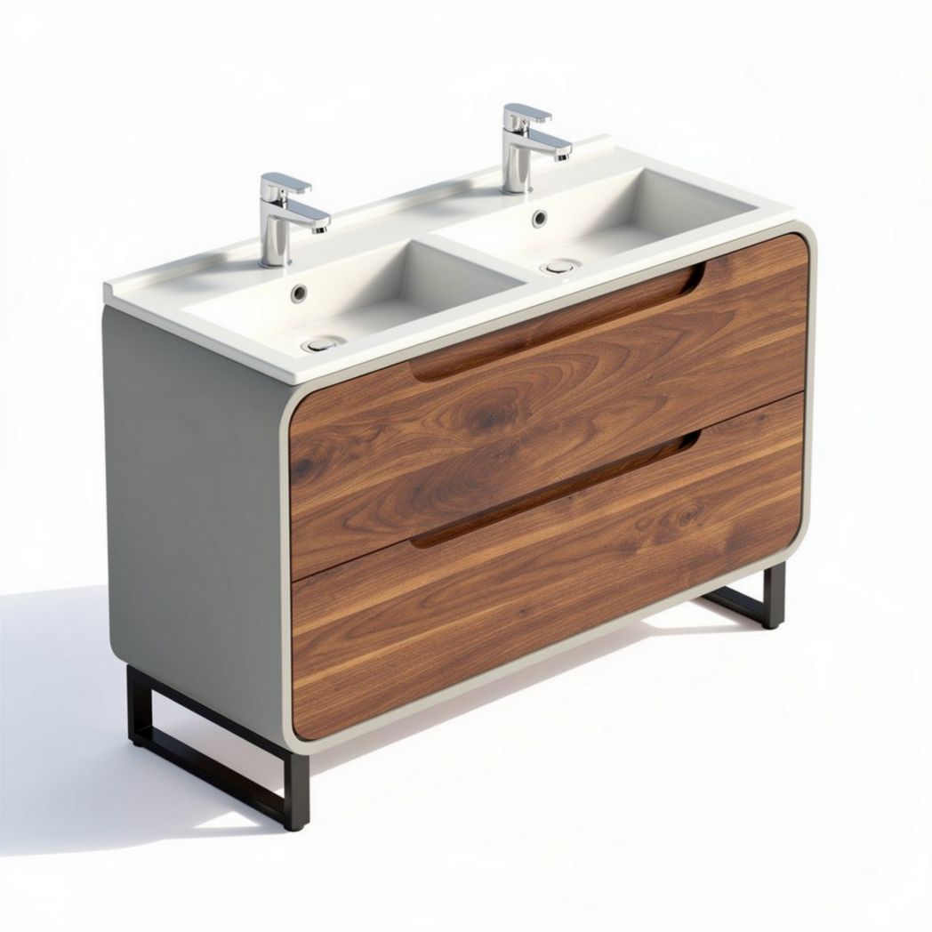 Double sink bathroom vanity in walnut finish with two drawers 100 x 45 x 90cm