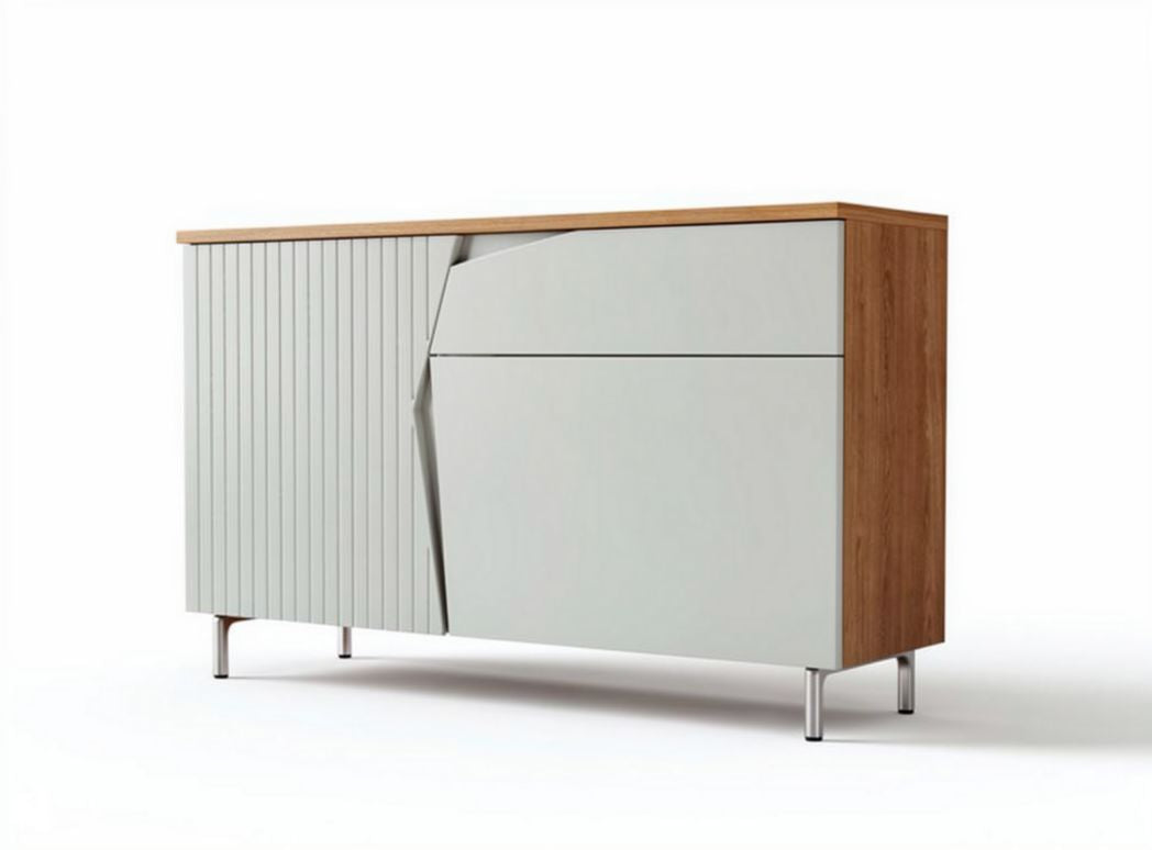 Modern storage cabinet with wood top and geometric design in gray 150 x 45 x 85cm