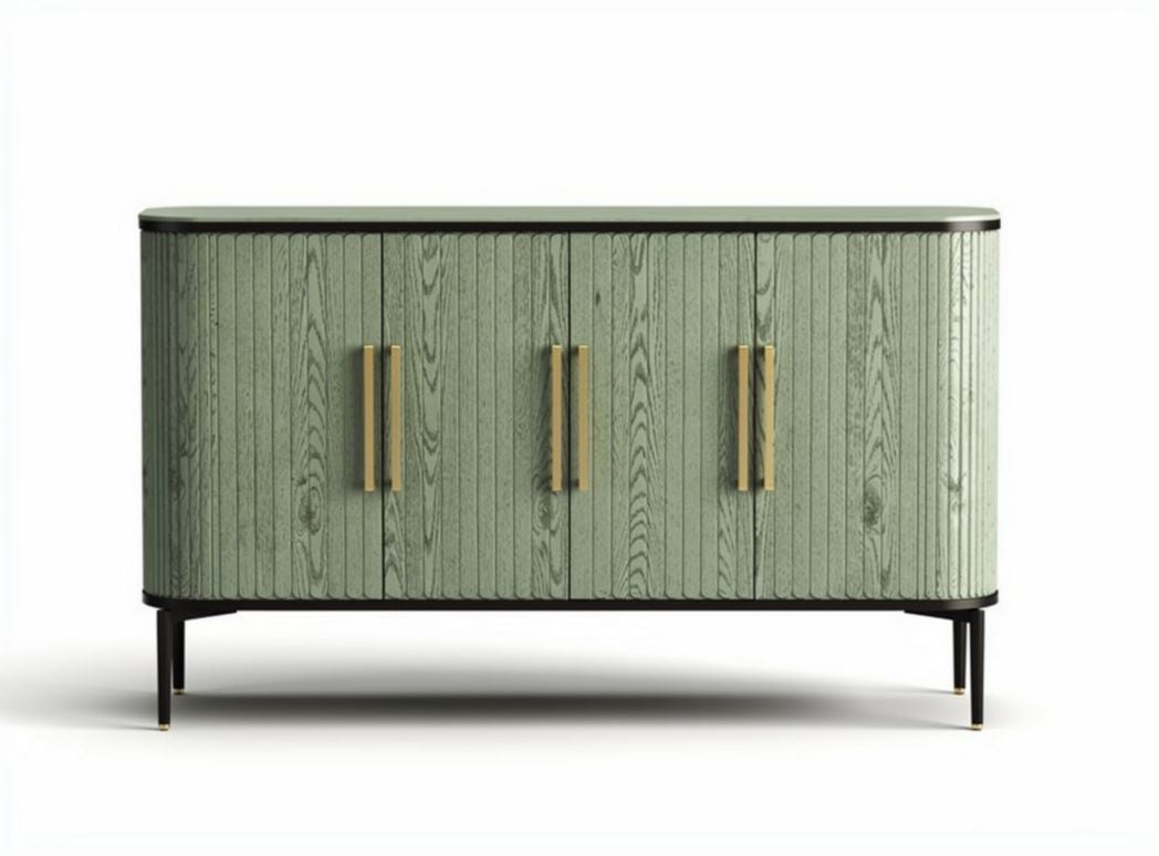 Green wooden sideboard with four doors and gold handles 150 x 40 x 80cm