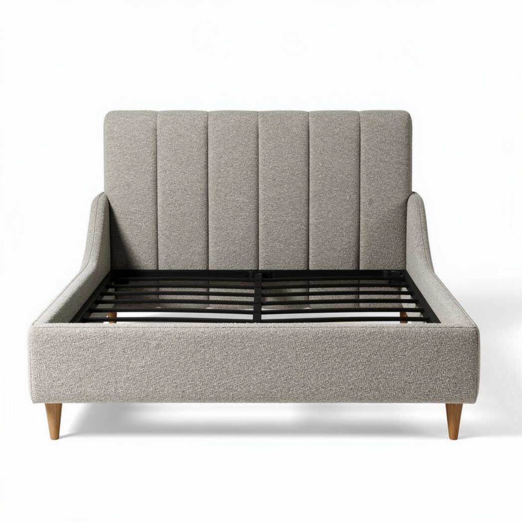 Upholstered platform bed frame with slatted base and tufted headboard in gray 200 x 160 x 120cm