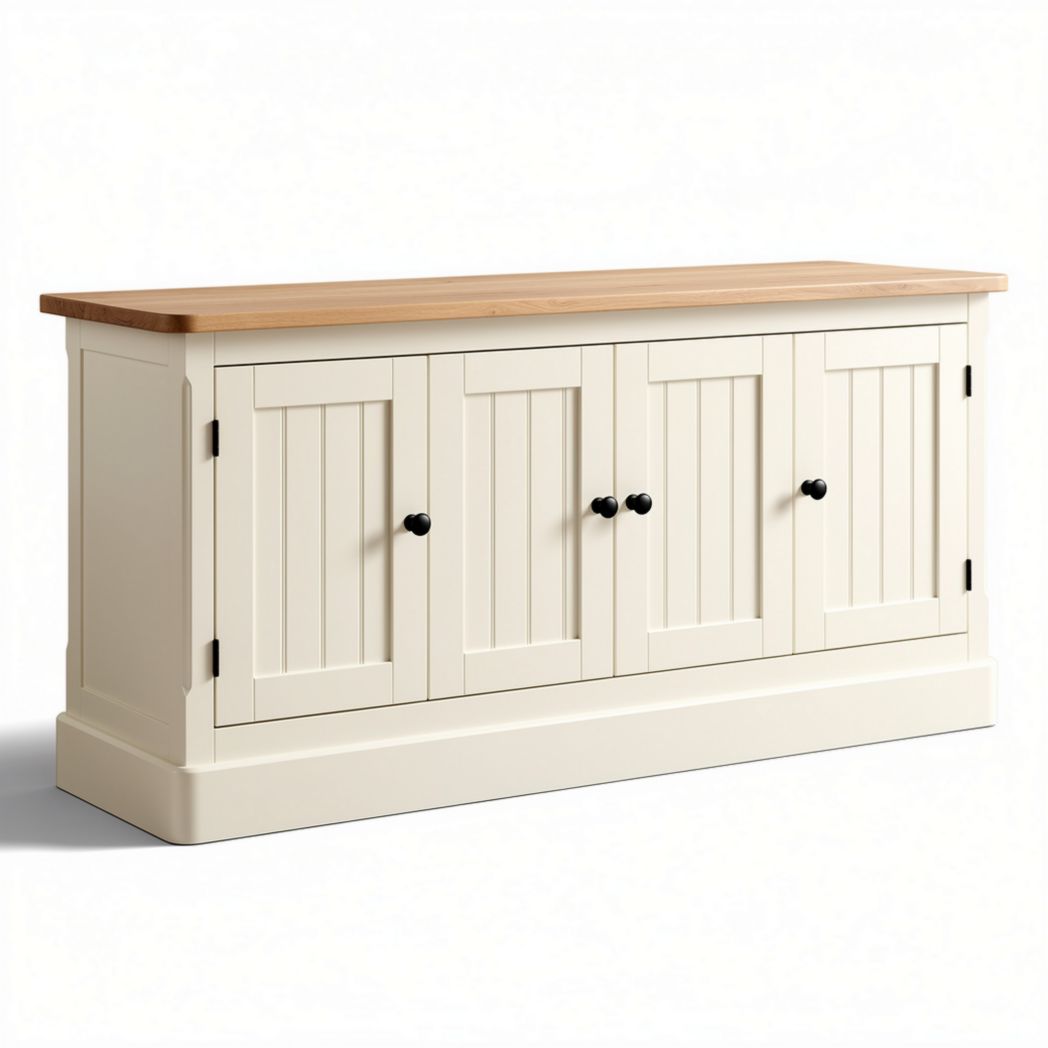 Cream storage cabinet with wooden top and three doors dimensions 150 x 40 x 80cm