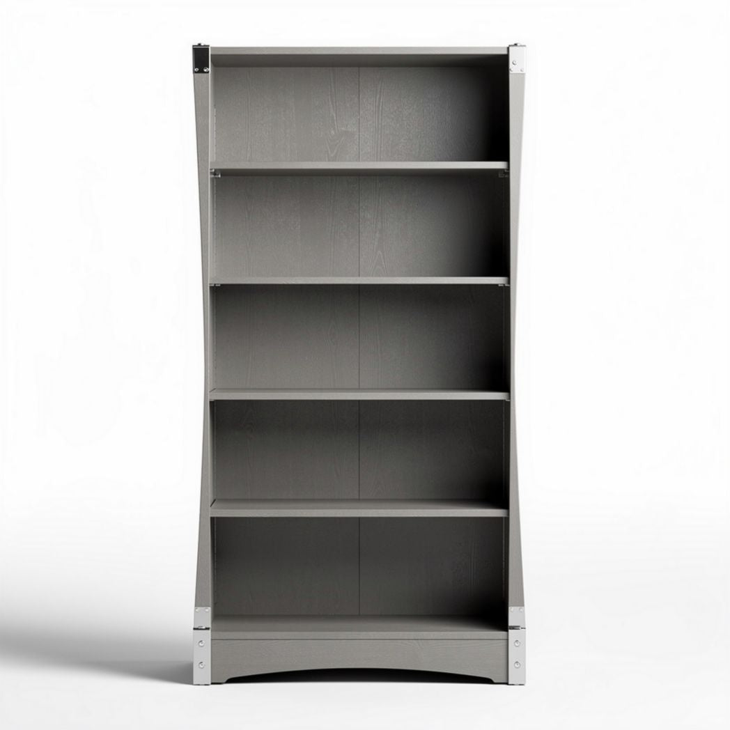 Gray wood bookshelves with five tiers and curved design measuring 80 x 30 x 150cm